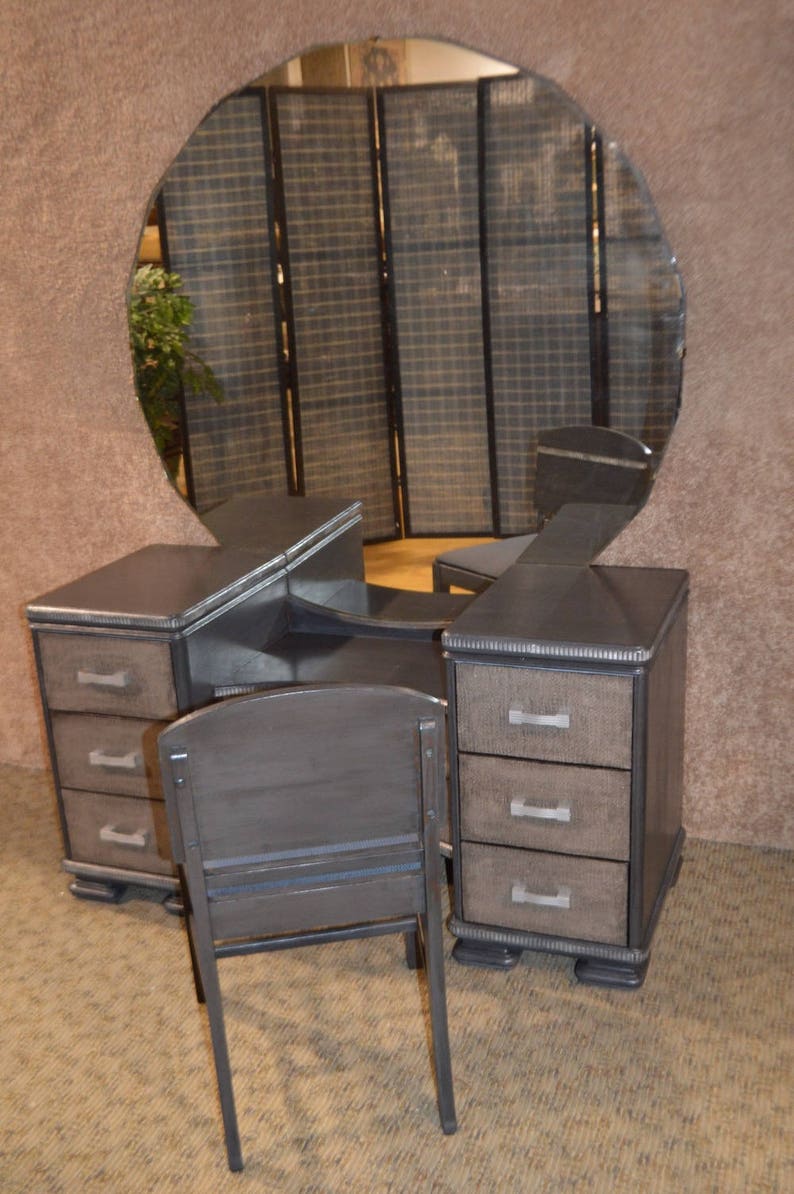 Vintage Art Deco Vanity wMirror /& Bench in a Silver Gray Finish