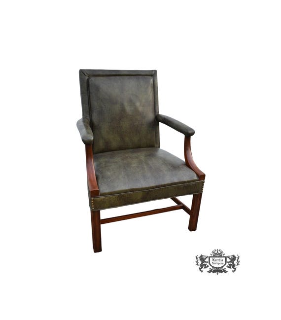 Vintage Chippendale Style Green Leather Library Chair w Stretcher Base Etsy