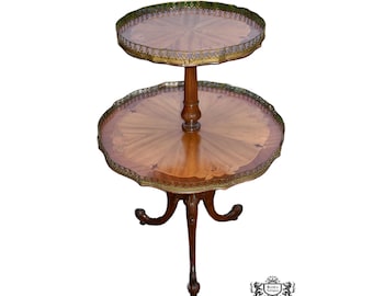 Vintage Two Tier Carved & Inlaid French Style Table w/Brass Gallery