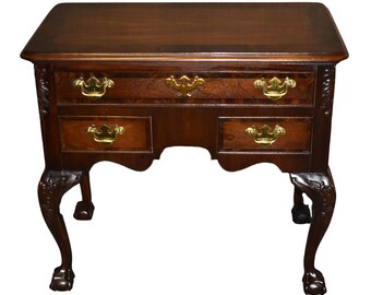 Vintage Carved & Inlaid Mahogany Queen Anne Style Three Drawer Lowboy