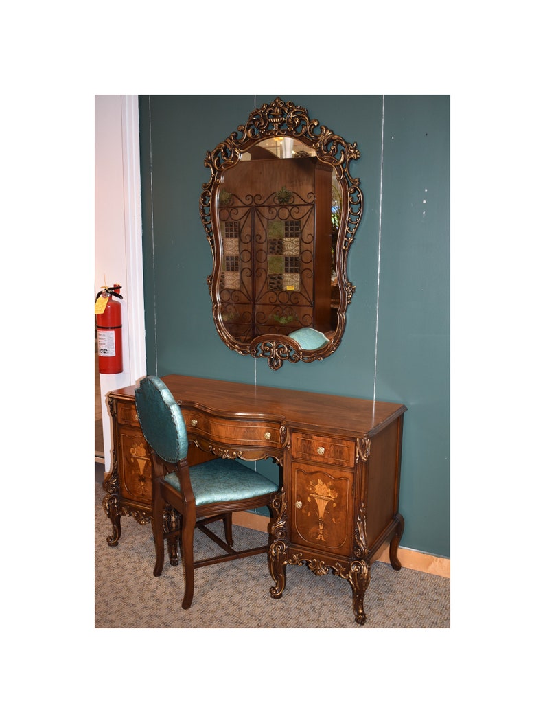 Antique Carved Inlaid French Style Vanity Mirror And Chair W Gold Detail
