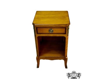 Vintage Satinwood Nightstand French Style Brass Ormolu Inlaid Bedside Table