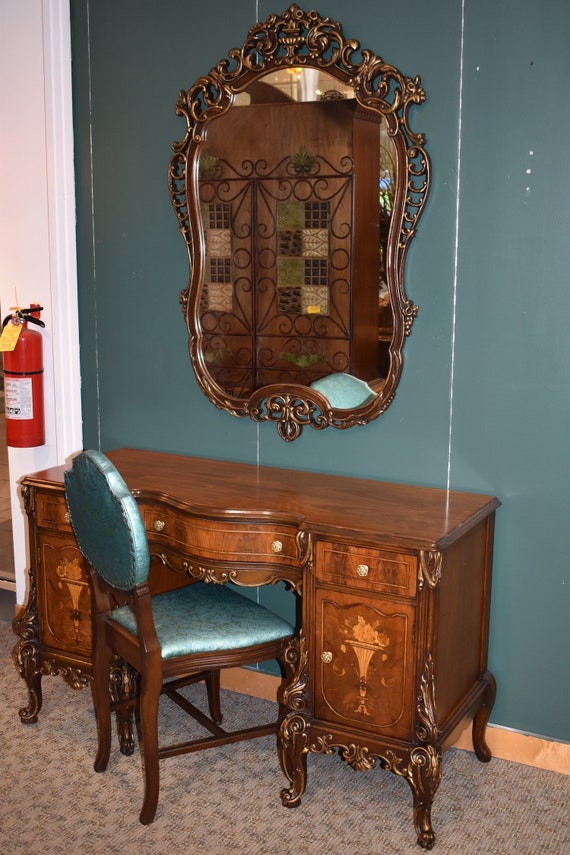 Antique Carved Inlaid French Style Vanity Mirror And Chair W Gold Detail