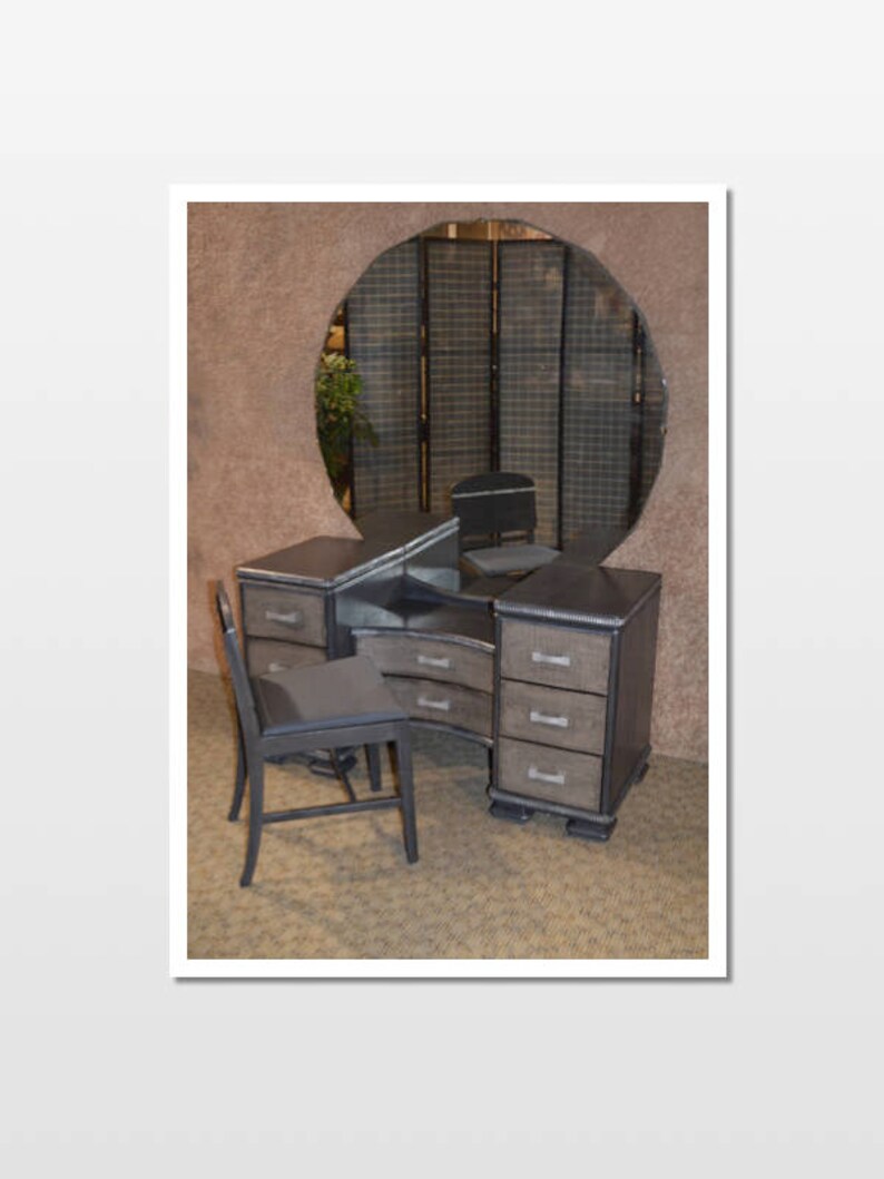 Vintage Art Deco Vanity W Mirror Bench In A Silver Gray Finish