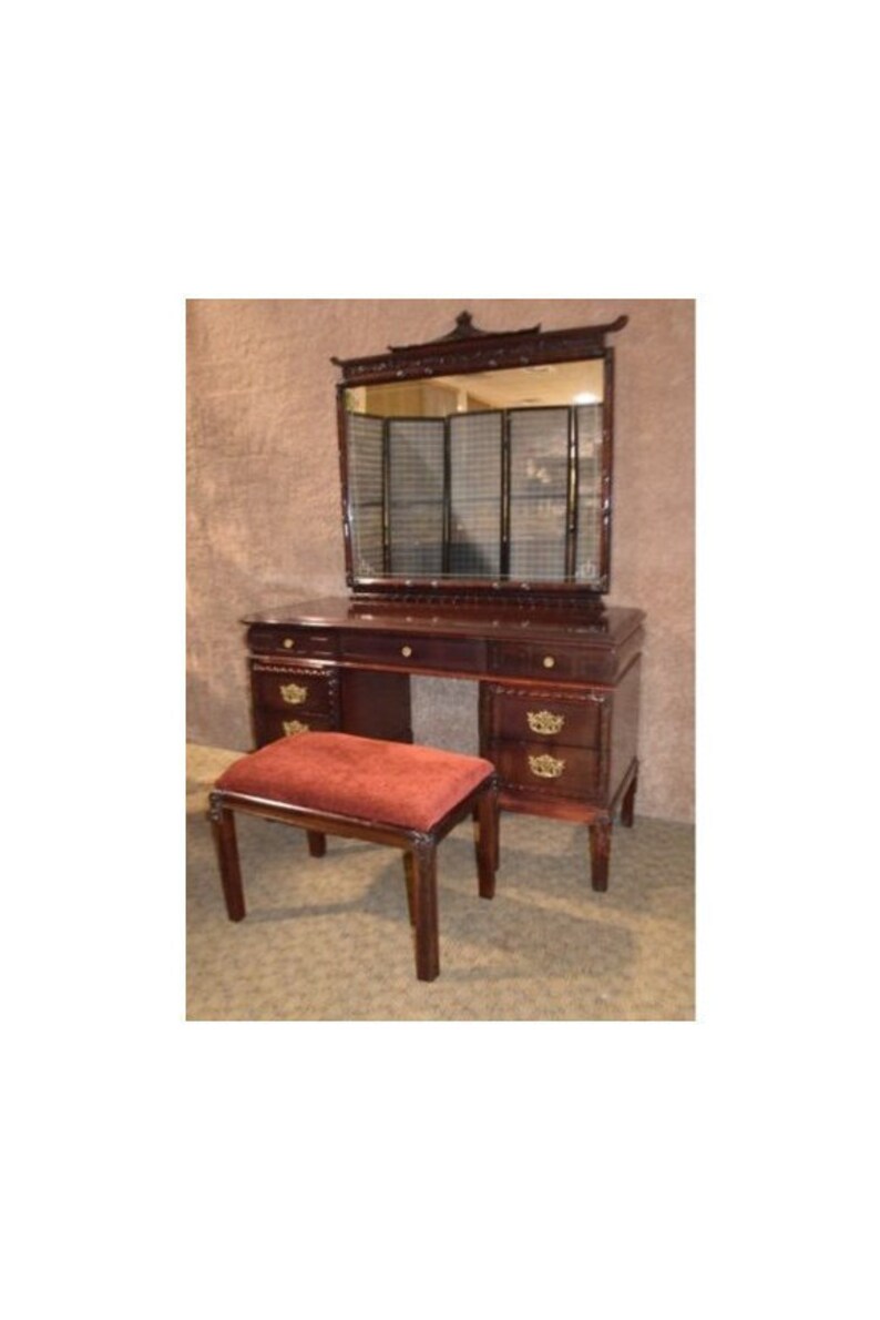 Vintage Mahogany Asian Style Vanity W Etched Mirror Bench