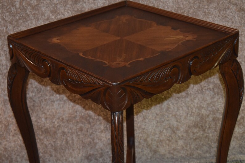 Vintage Carved & Inlaid Square Side Table w/Stretcher Base Etsy