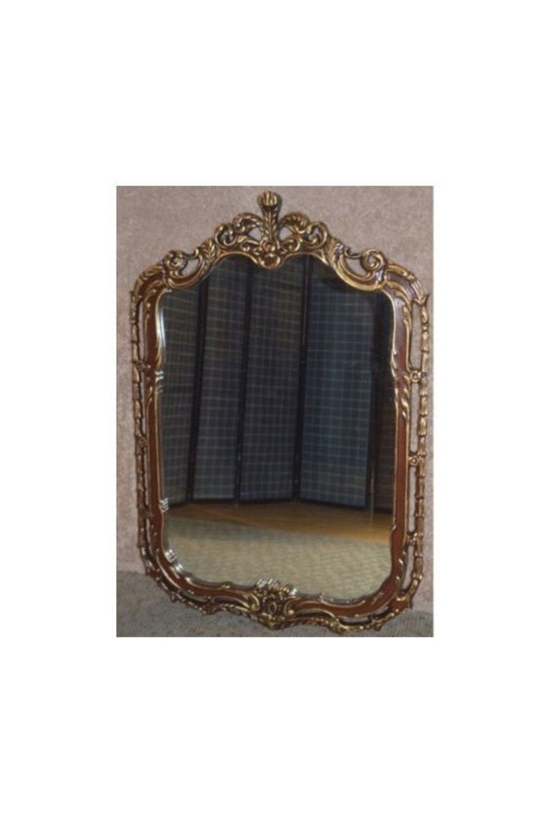 Vintage Carved Solid Mahogany Ornate French Style Wall Mirror W Gold Highlights