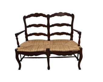 Vintage Two Seater Country French Style Settee w/Rush Seat & Stretcher Base