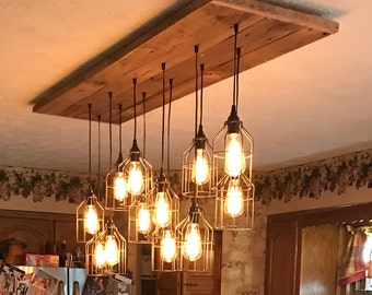 The GRIZZLY BEAR CHANDELIER rustic barn wood industrial cage chandelier