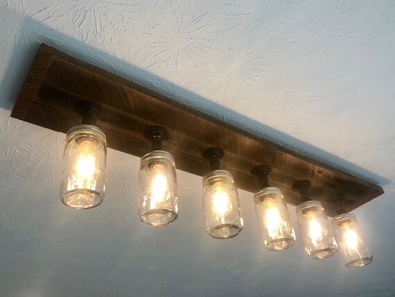 THE STEELHEAD 6 Mason Jar Pipe Fitting Barn Wood Ceiling Light