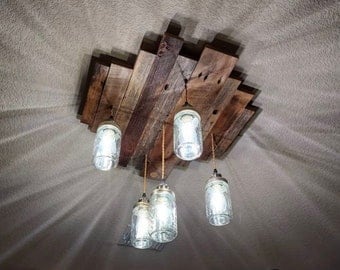 The HILLSIDE Rustic country barn wood 5 mason jar chandelier