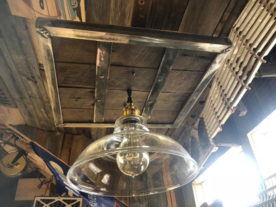 Glass Shade Steel Framed Rustic Ceiling Light