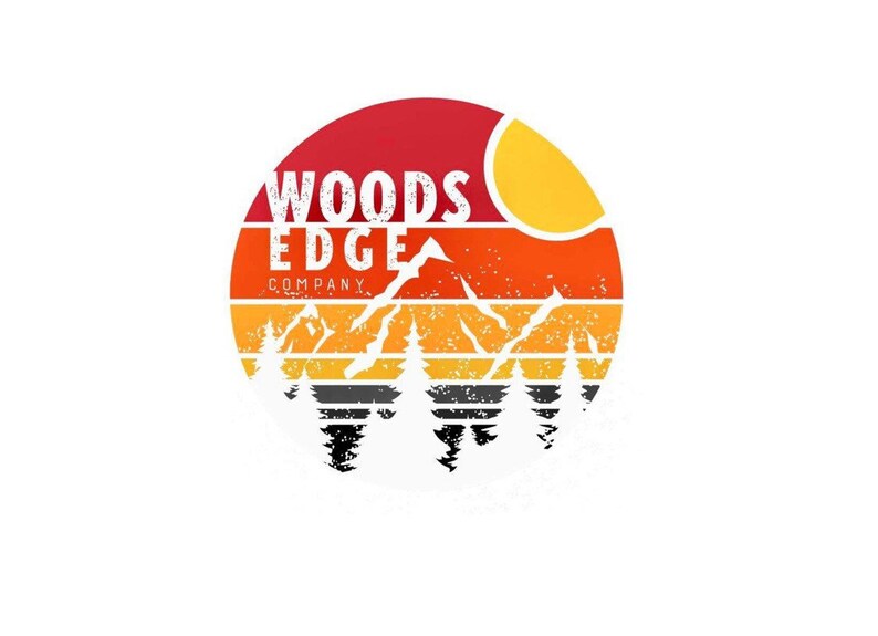 May include: A retro-style logo for Woods Edge Company, featuring a sunset with mountains and trees in front of it. The text "Woods Edge Company" is in white letters on a red, orange, and yellow background.