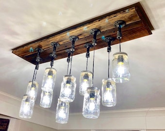 The “Wheat” Mason jar pipe fitting chandelier with indiana rustic barn wood