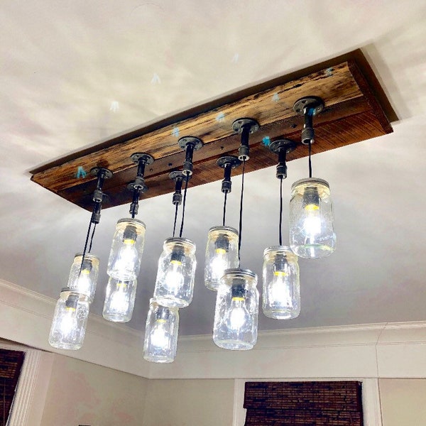 The “Wheat” Mason jar pipe fitting chandelier with indiana rustic barn wood