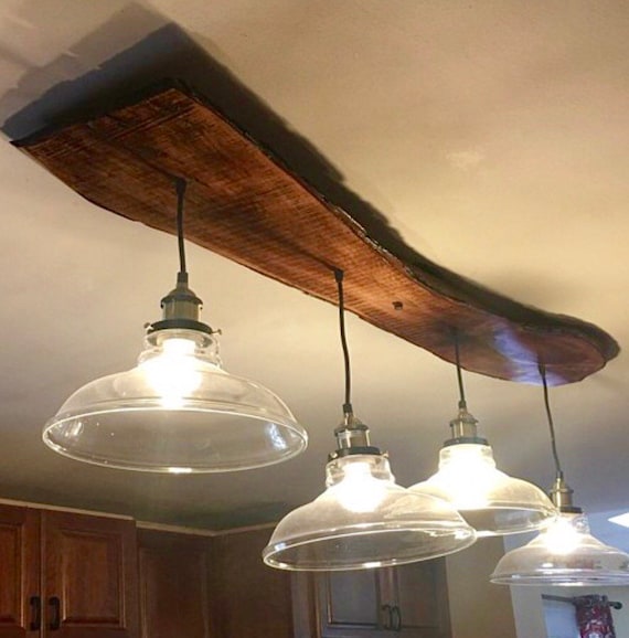Glass Shade Pendant Live Edge Wood Chandelier