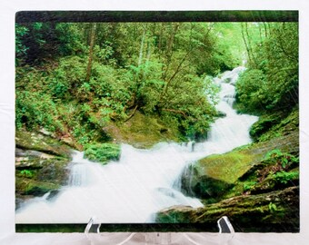 Beautiful secluded waterfall on a wood print. This original photo is given added dimension by the wonderful texture of the milled board.