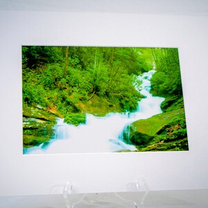 May include: A framed photograph of a waterfall cascading through a lush green forest. The water is white and foamy, and the forest is vibrant with green foliage.