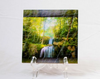 Beautiful waterfall on a wood print. This original photo is given added dimension by the wonderful texture of the milled board.