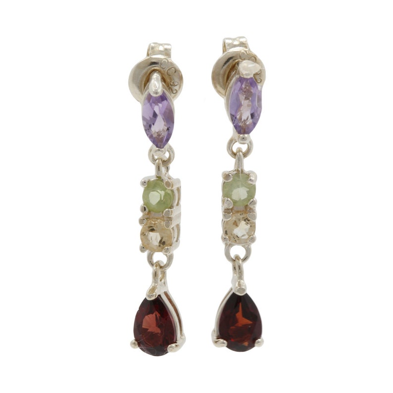 25.5mm Ladies Estate 925 Sterling Silver Multi-Color Gemstone Dangle Earrings