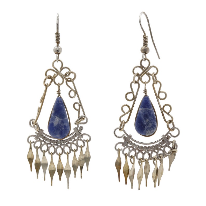 Ladies Vintage Estate 925 Silver Blue Sodalite Teardrop Dangle Earrings 63.5mm