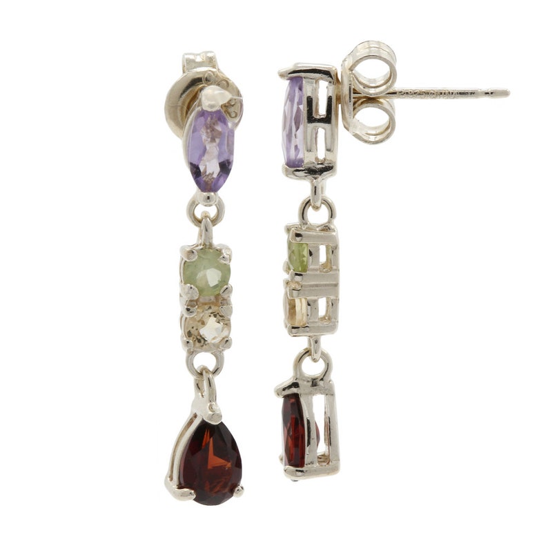 25.5mm Ladies Estate 925 Sterling Silver Multi-Color Gemstone Dangle Earrings