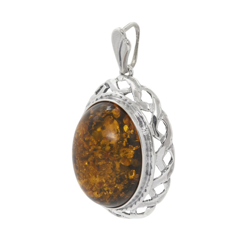 34mm Ladies Vintage 925 Sterling Silver Brown Amber Cabochon Solitaire Pendant