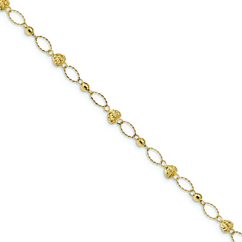 Ladies 14K Yellow Gold Puffed Heart Beaded Oval Links Bracelet 7.5 inches
