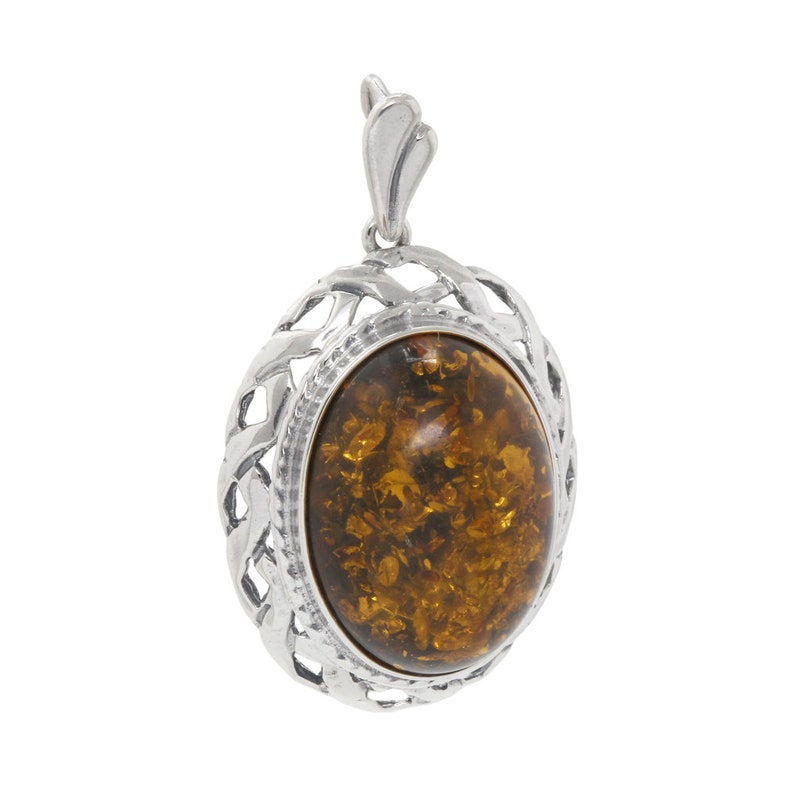 34mm Ladies Vintage 925 Sterling Silver Brown Amber Cabochon Solitaire Pendant
