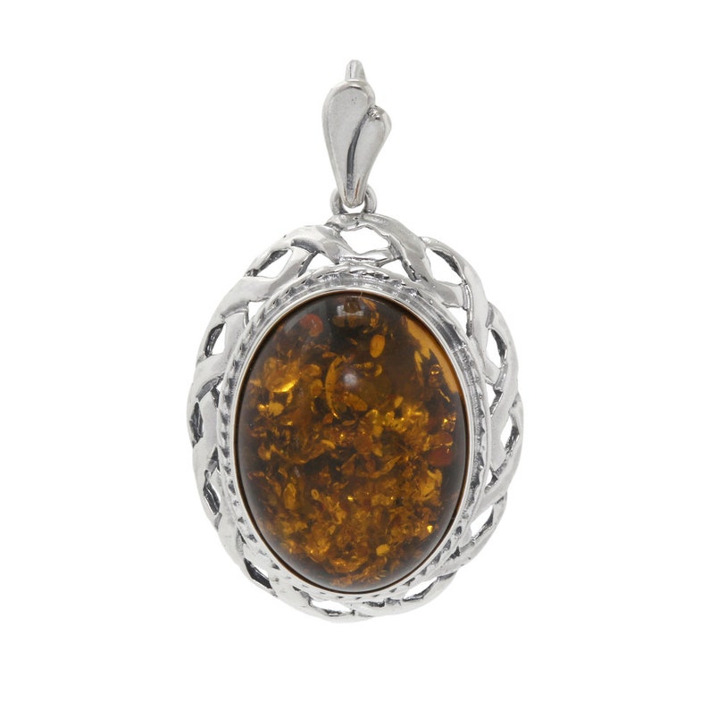 34mm Ladies Vintage 925 Sterling Silver Brown Amber Cabochon Solitaire Pendant