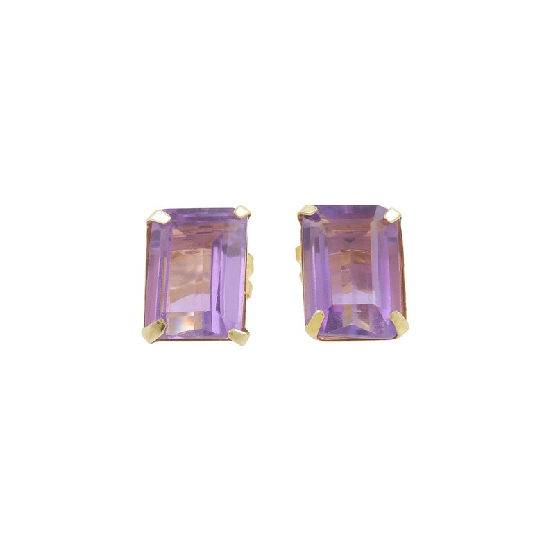 Ladies Estate 14K Yellow Gold Emerald Cut Purple Amethyst Gemstone Stud Earrings