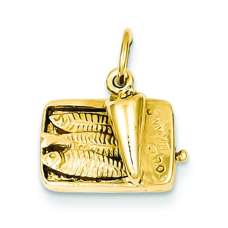 14K Yellow Gold Fun Sardine Can Fish 3D Charm Pendant 15mm