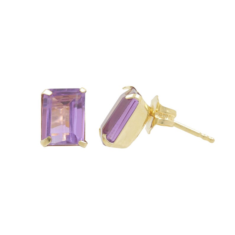 Ladies Estate 14K Yellow Gold Emerald Cut Purple Amethyst Gemstone Stud Earrings