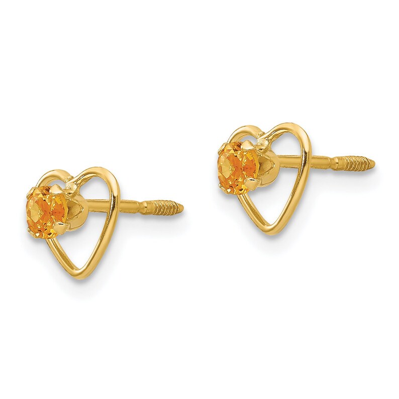 Ladies 14K Yellow Gold Yellow Citrine November Birthstone Heart Stud Earrings