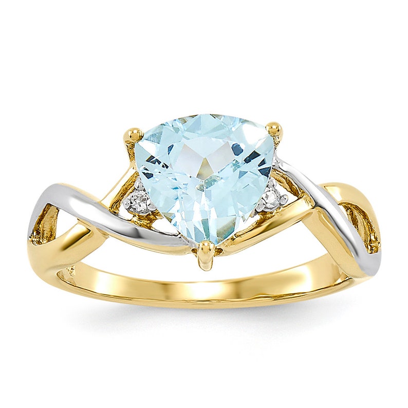 Ladies Modern 14K Two-Tone Gold Blue /& White Topaz Gemstone Twisted Shank Ring