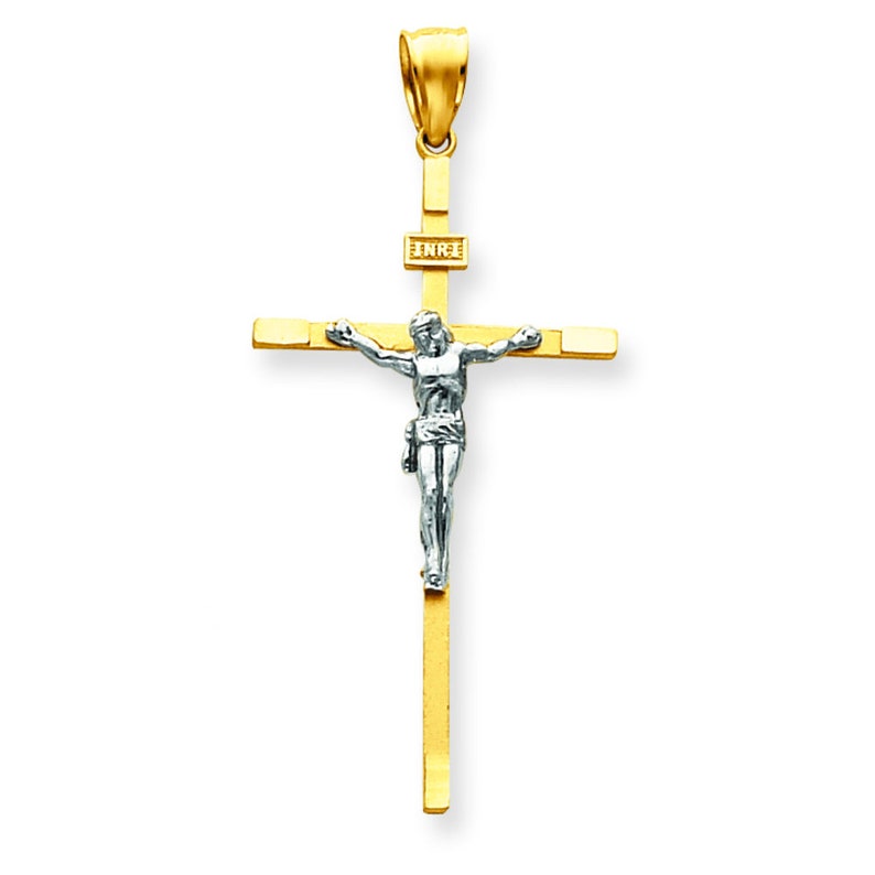 14K Yellow /& White Gold Religious INRI Crucifix Jesus Cross Charm Pendant 55mm