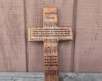 Mesquite Cross w/ Amazing Grace Hymn - Faith Based Wall Decor