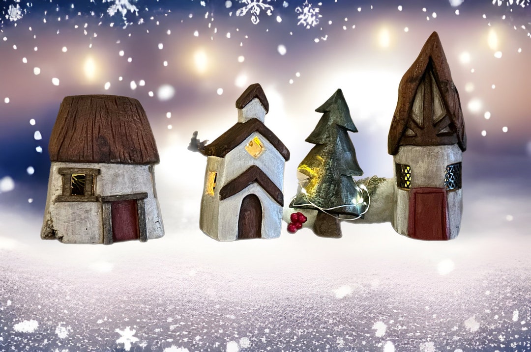 Hand Carved Christmas Village Set Etsy