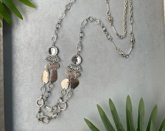 Lovely upcycled necklace with repurposed silver costume jewelry and chain | Long necklace with intricate bead and chain detail