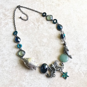 Aquatic creature charm necklace // ocean themed necklace // octopus and fish necklace