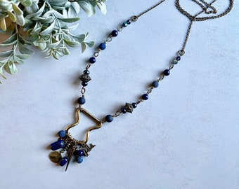 Upcycled Lapis Lazuli Handmade Necklace | Long Navy and Bronze Buckle Necklace