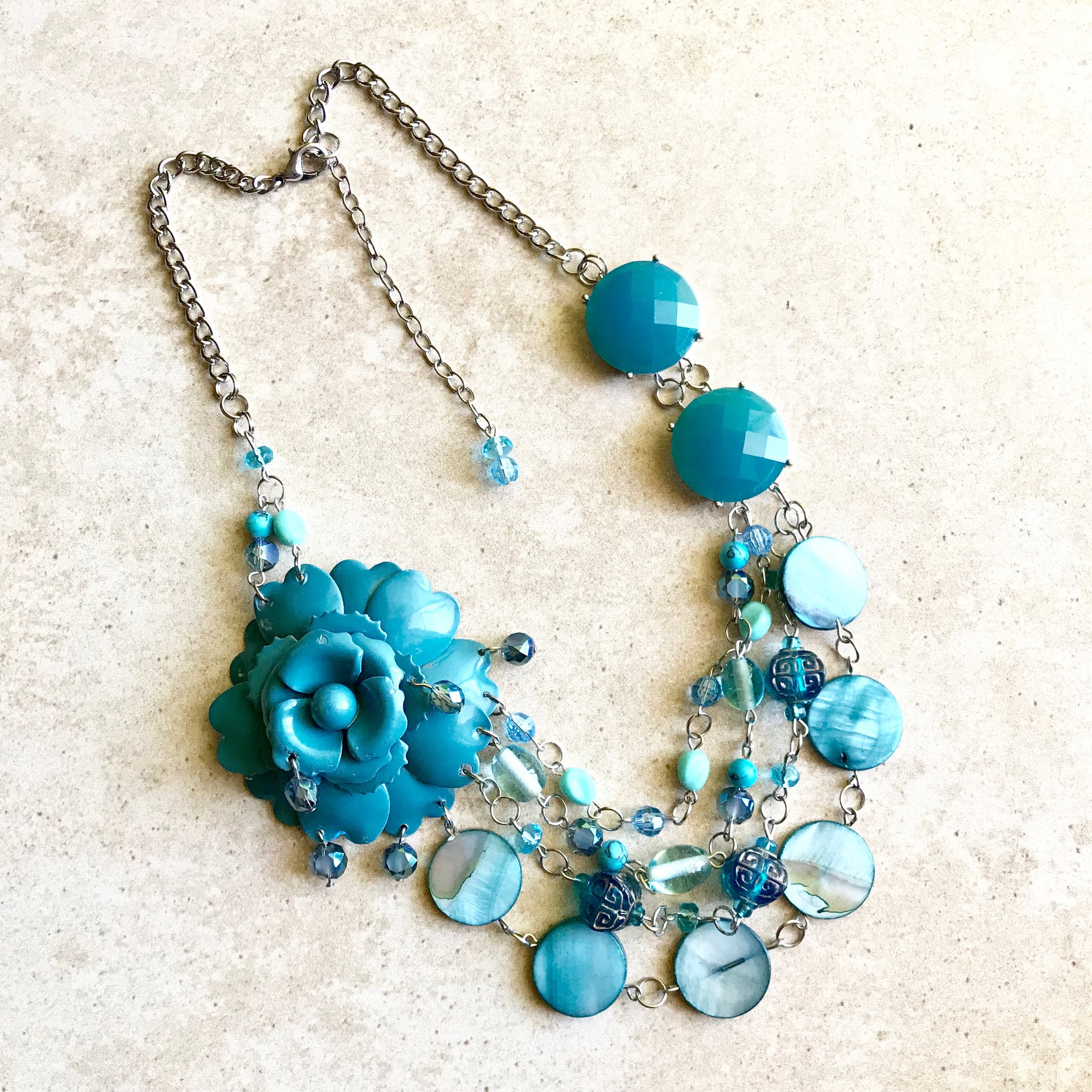 Blue Floral Repurposed Statement Necklace // Handmade Recycled Broach ...