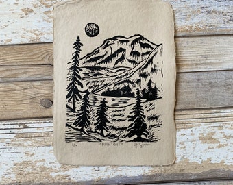 Nature, outdoor, mountain linocut block print, relief print. Adventure, wanderlust. Moon Light.