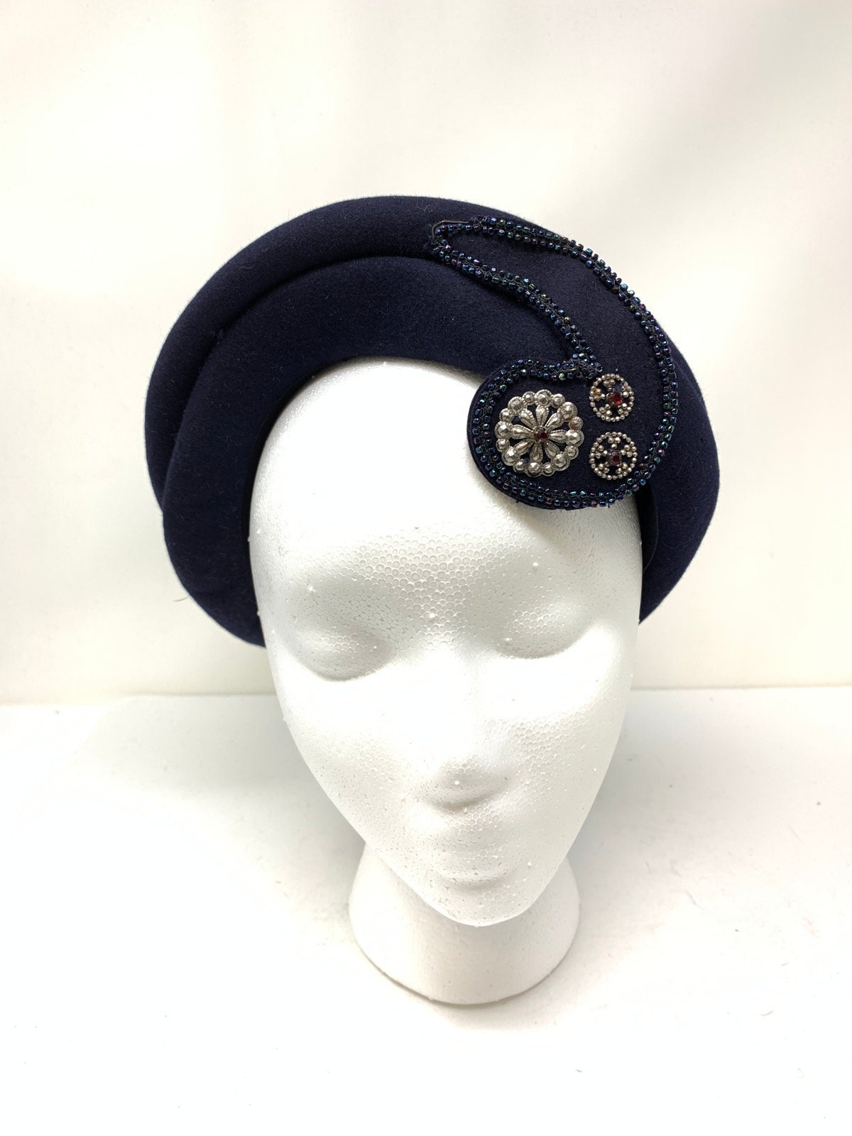 Vintage The Halle Bros Co Sculptural Hat Navy Blue Wool Beaded Front Detail Vintage the Halle Bros Co Sculptural Hat Navy Blue Wool  main image 3