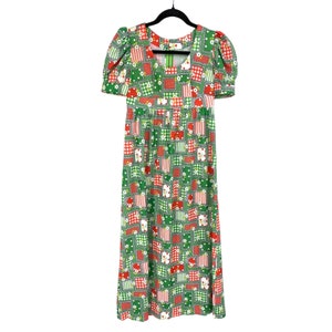 VTG 70s Handmade Empire Waist Dress Sz XS Puff Sleeve Green Red Patchwork Print