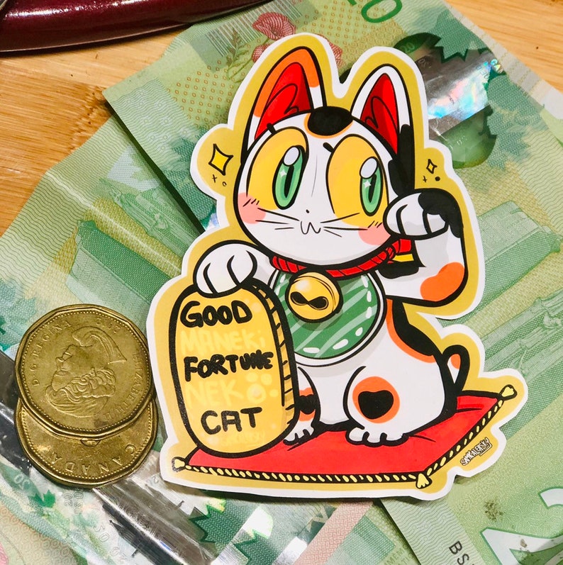 Maneki Neko Yokai sticker good luck cat. image 1