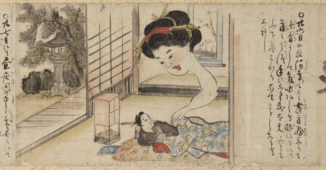 May include: A traditional Japanese woodblock print depicting a woman with an elongated neck and a small child. The woman is wearing a kimono and the child is wearing a robe. The print is set in a room with a sliding door and a lantern in the background. The text in the image reads "○本日のあらるだろくめのあぷあうち ○九ち望昼食同のゆるくけて".