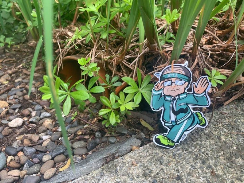 May include: A cartoon sticker of a man wearing a green tracksuit, a headband, and glasses. He is running with his arms outstretched. The sticker is placed on a bed of gravel and green plants.