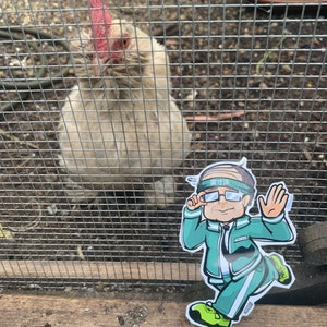 May include: A white chicken with a red comb looks through a wire fence at a green cartoon character wearing a headband that says "東京" and a green tracksuit. The character is holding a pair of sunglasses and waving.