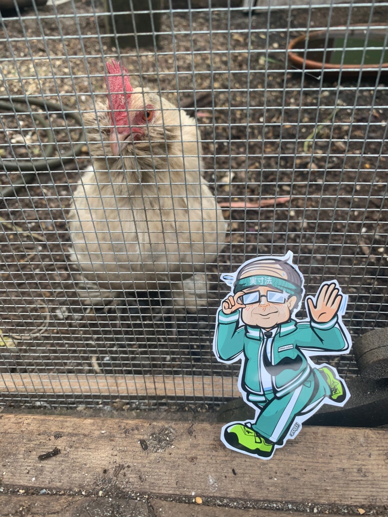May include: A white chicken with a red comb looks through a wire fence at a green cartoon character wearing a headband that says "東京" and a green tracksuit. The character is holding a pair of sunglasses and waving.